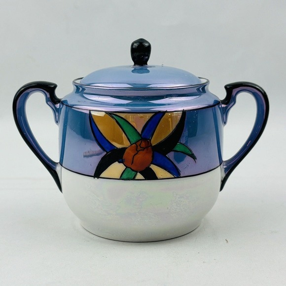 Vintage Noritake Floral Sugar Bowl Blue Lusterware Handpainted Morimura M Japan - Picture 1 of 9